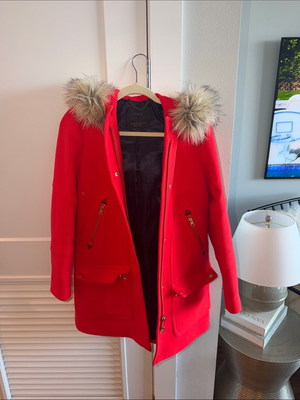 J. Crew Red Hooded Peacoat with Faux Fur Trim